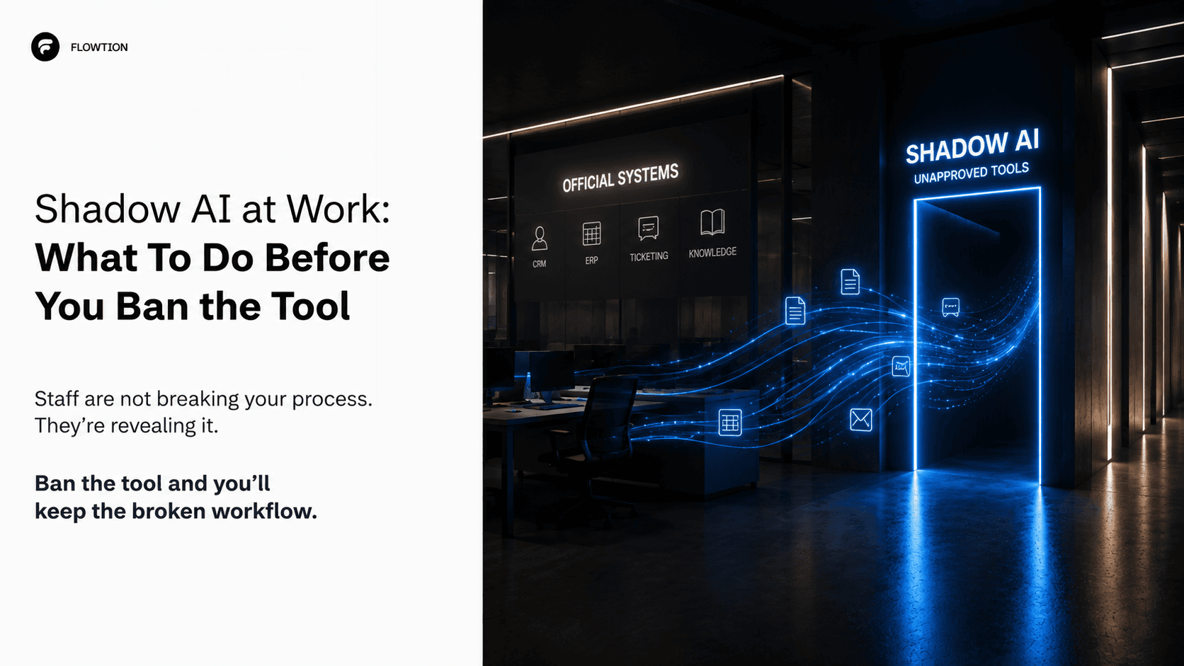 Data flowing from a company's official systems, labelled CRM, ERP, ticketing and knowledge base, through a glowing doorway marked "Shadow AI: unapproved tools".